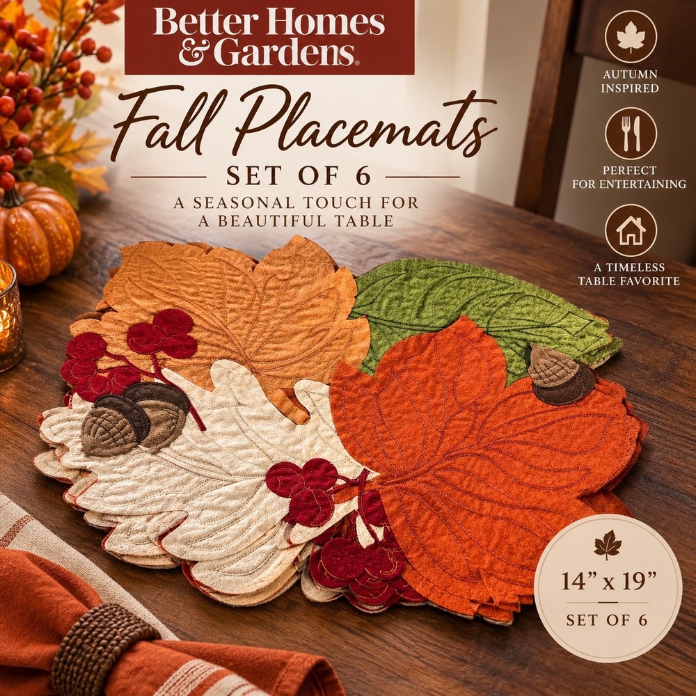 Better Homes & Gardens Fall Leaf Acorn Placemats Set of 6 14x19 Thanksgiving